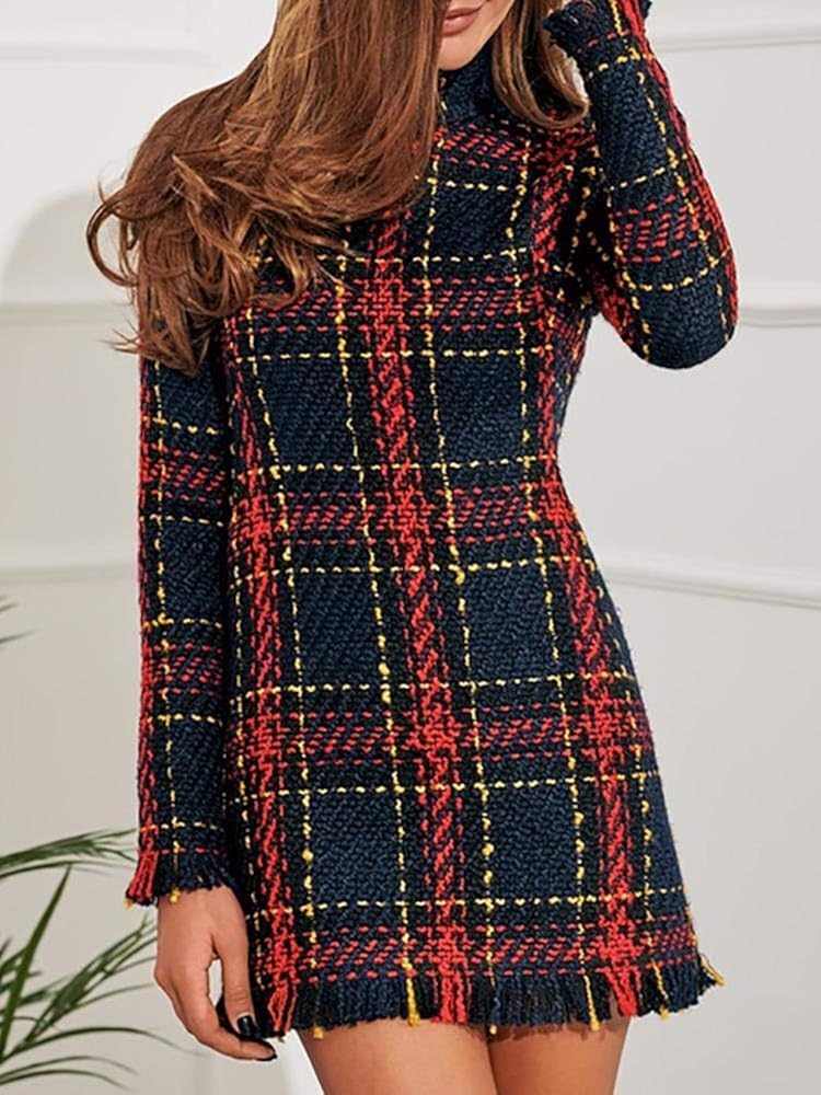 colorful plaid print tassels bodycon mini dress