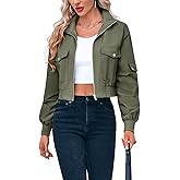Fisoew Women's Cropped Bomber Jackets Lightweight Zip Up Stand Collar Long Sleeve Short Jacket with Pockets