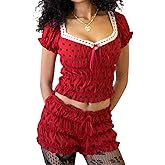 Women 2pcs Ruffle Pajamas Set Solid/Dot Print Smocked V-Neck Lace Trim Short Sleeve Crop Top Shorts Loungewear