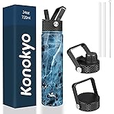Konokyo Insulated Water Bottle 24oz Stainless Steel Sport Bottles with 3 Lids,Marble Ocean