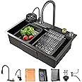 MWIDCIEW Drop In Kitchen Sink Gunmetal Gray Stainless Steel Waterfall Kitchen Sink with Pull Down Sprayhead Faucet Single Bowl Kitchen Sink Workstation with Multiple Accessories (31.5 x 17.7 inch)