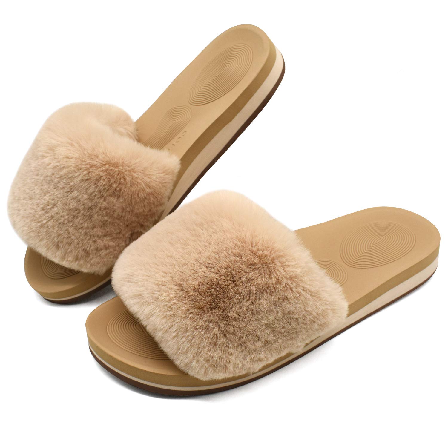 COFACE Womens Slides Fuzzy Slippers Open Toe Fluff Slippers With Arch Support Plantar Fasciitis Orthotic Slippers Women House Shoes