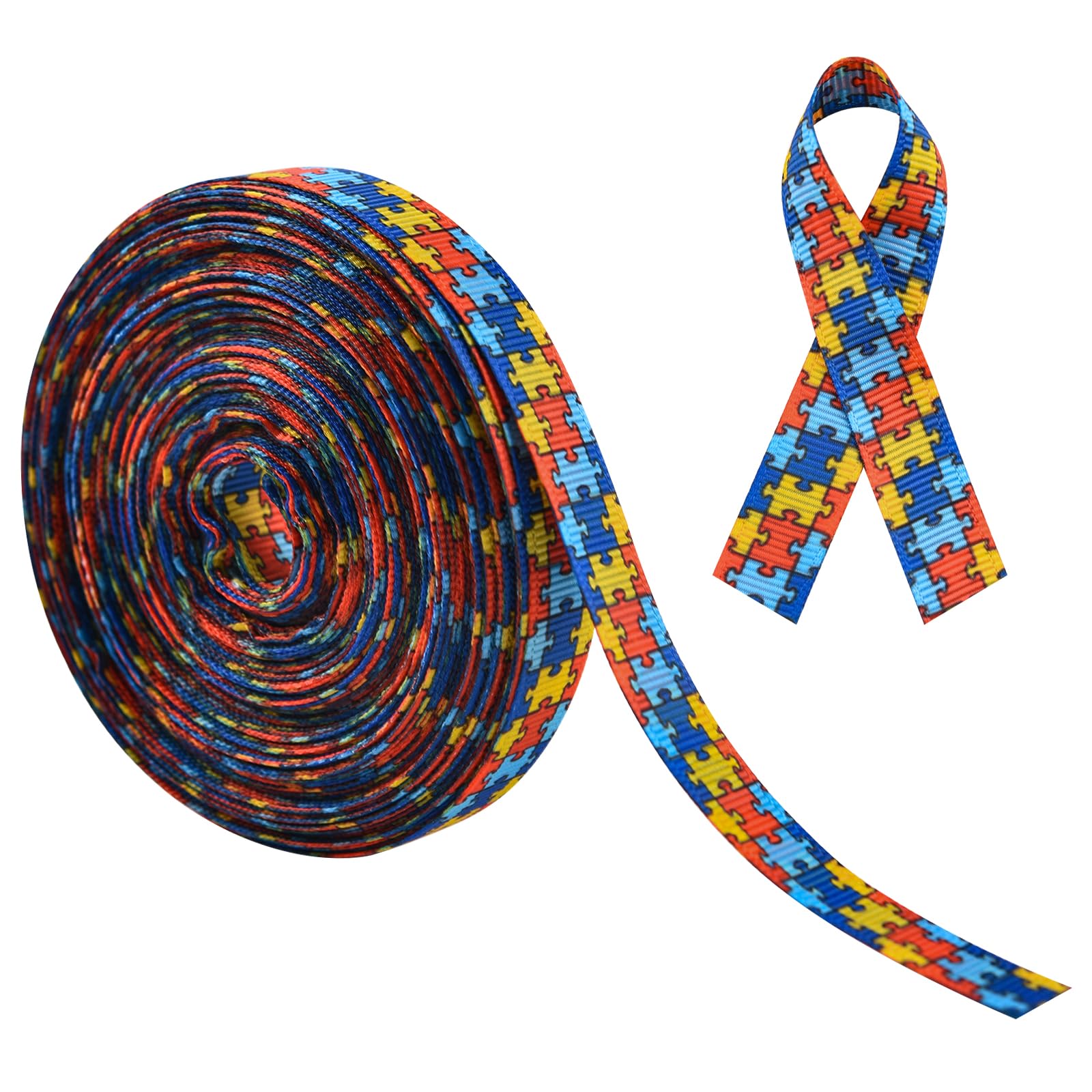 WANDIC 20 Yards Autism Awareness Satin Ribbon, Colorful Puzzle Ribbon Inspirational Ribbon for Gift Wrapping, Brooch Bracelet Making