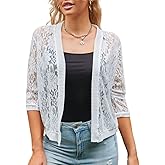 Xunger Women’s 3/4 Sleeve Lace Cardigan Casual Open Front Floral Lace Shrug Summer Cover Up