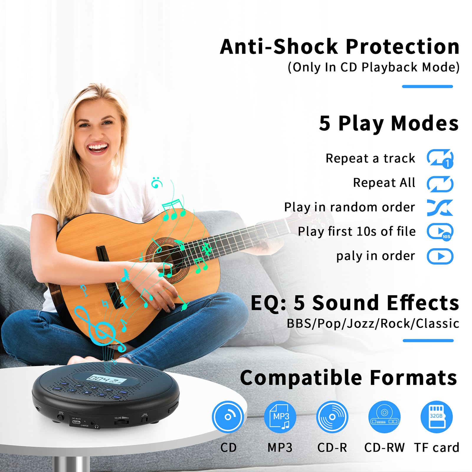 ARAFUNA Portable CD Player with Dual Stereo Speakers, Rechargeable Compact CD Player for Car with Anti-Skip Protection, Headphones and AUX Cable