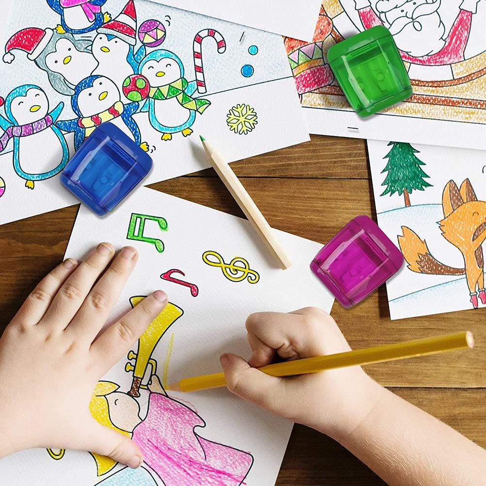 Pencil Sharpeners, 4pcs Pencil Sharpener Manual Colorful Dual Holes Compact Handheld Pencils Sharpener with Lid Portable Pencil Sharpener for Kids Adults School Office Home