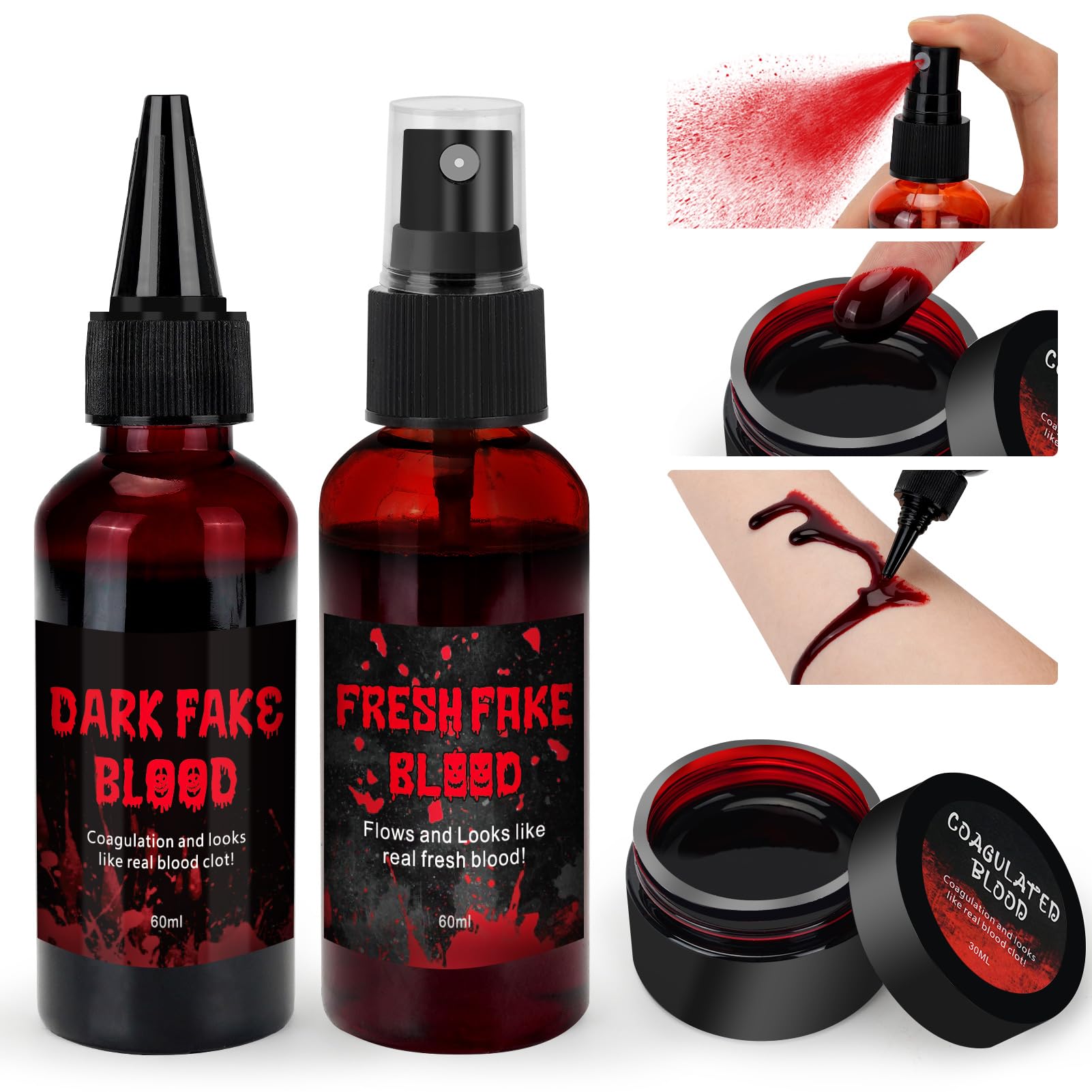 Photo 1 of 3PCS Halloween Fake Blood Kit, 2.03oz Fake Blood Spray and 2.03oz Dripping Blood and 1.06oz Coagulated Gel Blood, Realistic Washable Fake Blood Makeup for Zombie Vampire Monster Cosplay & Dress Up