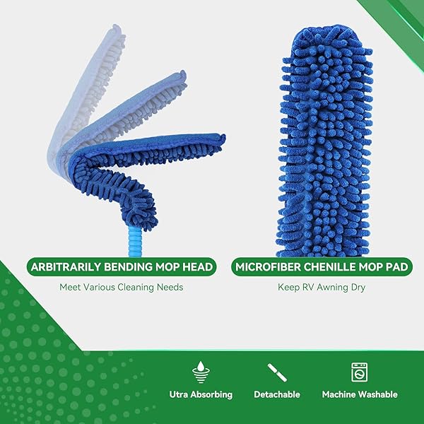 RVINGPRO RV AWNING CLEANER, BENDABLE MOP-HEAD, HYPER-ABSORBENT PAD, EXTENDABLE POLE, NON-SLIP HANDLE, WITH 2 MAGIC ERASERS FOR RVS, CAMPERS, TRAILERS, TRUCKS