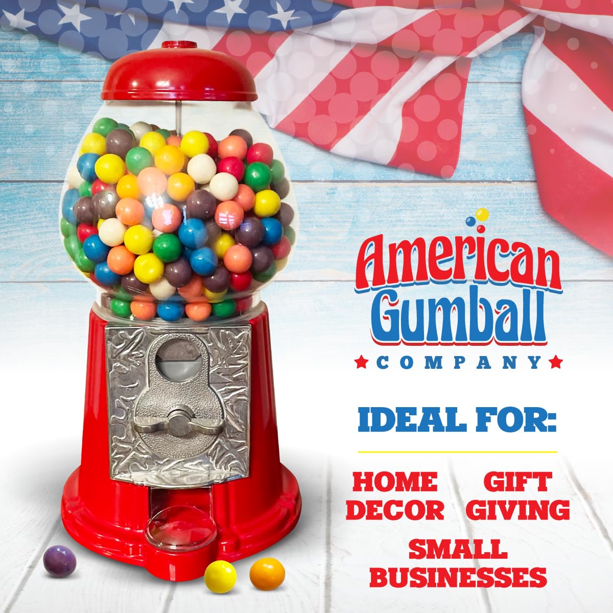 American Gumball Company - Metal 11-Inch Retro Style Red Gumball Machine, Made For 0.62 Inch Gumballs, Candy or Nuts, Accepts Any US Coin