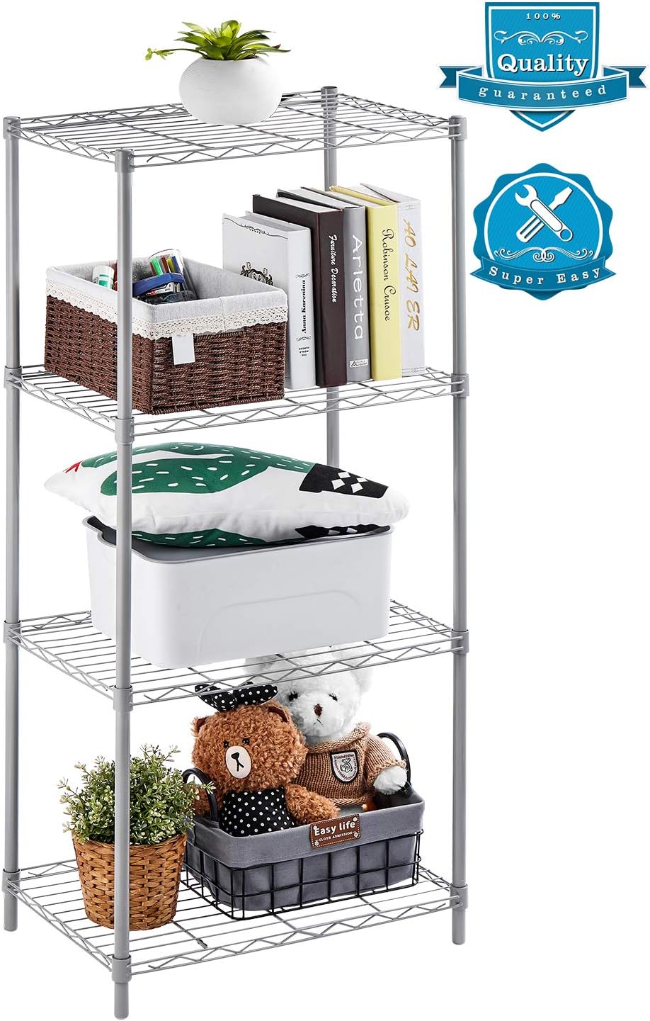 AOOU Shelf 4-Tier Shelving Unit, Wire Shelf Unit Free Standing, Classic Metal Steel Storage Rack Sturdy for use in Pantry, Living Room, Kitchen, Garage, Coated with Silver