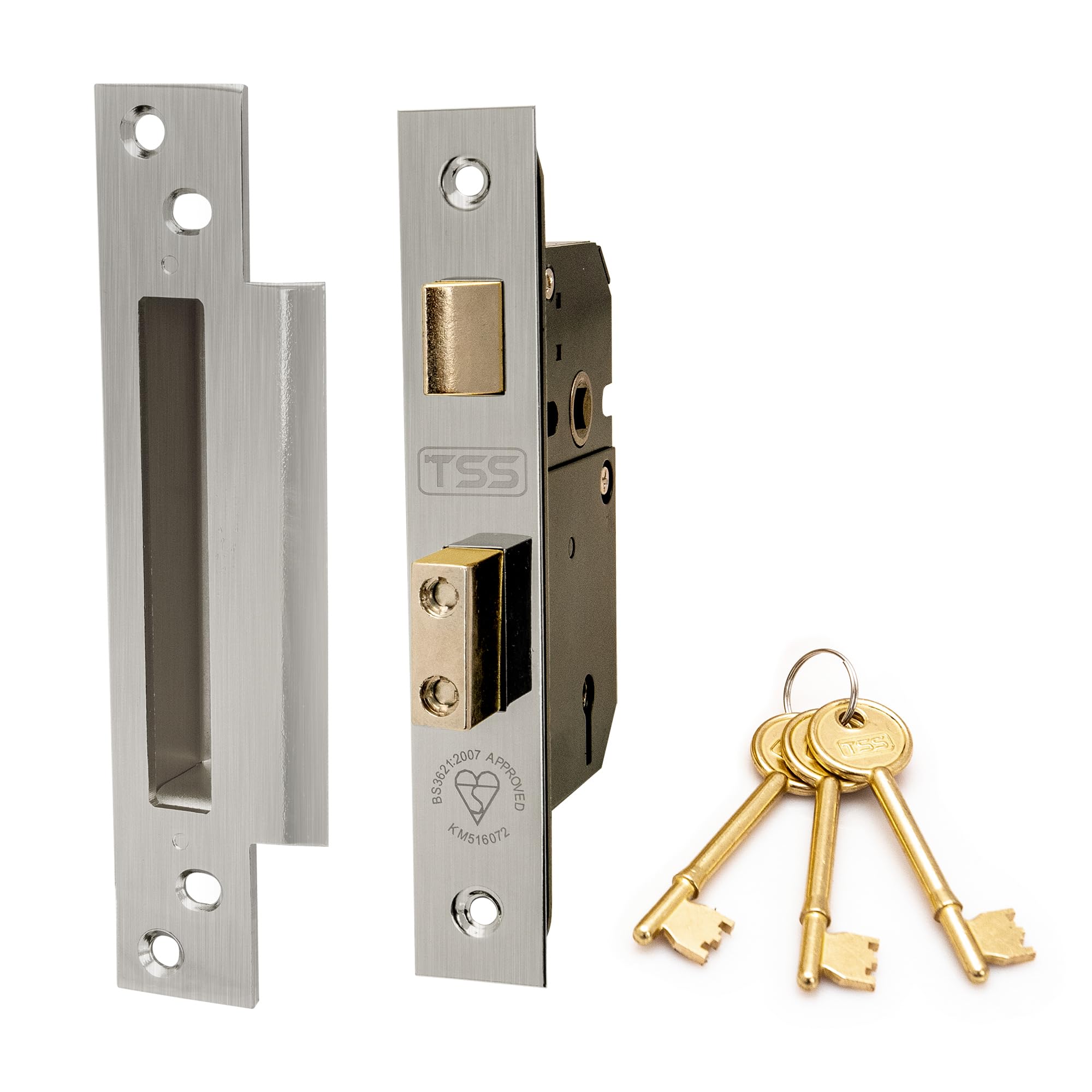 TSS High Security 5 Lever British Standard Mortice Sashlock with 3 Keys and Fixings, 3" (81mm) Satin Chrome (Silver), Insurance Approved for External Doors, British Standard BS3621:2007