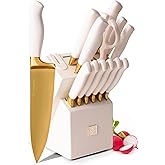 White and Gold Knife Set with Block - 14-Piece White Knife Set with Block and Built-In Sharpener – Titanium-Coated High Carbon Stainless Steel Blades - Gold Kitchen Accessories - Great for Gifting