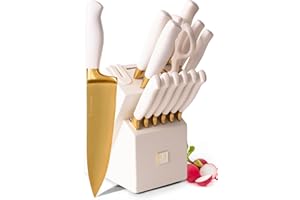 Gold Knife Set with Block Self-Sharpening – 14-Piece Titanium Coated Gold and Off-White Kitchen Knives with White Block and B