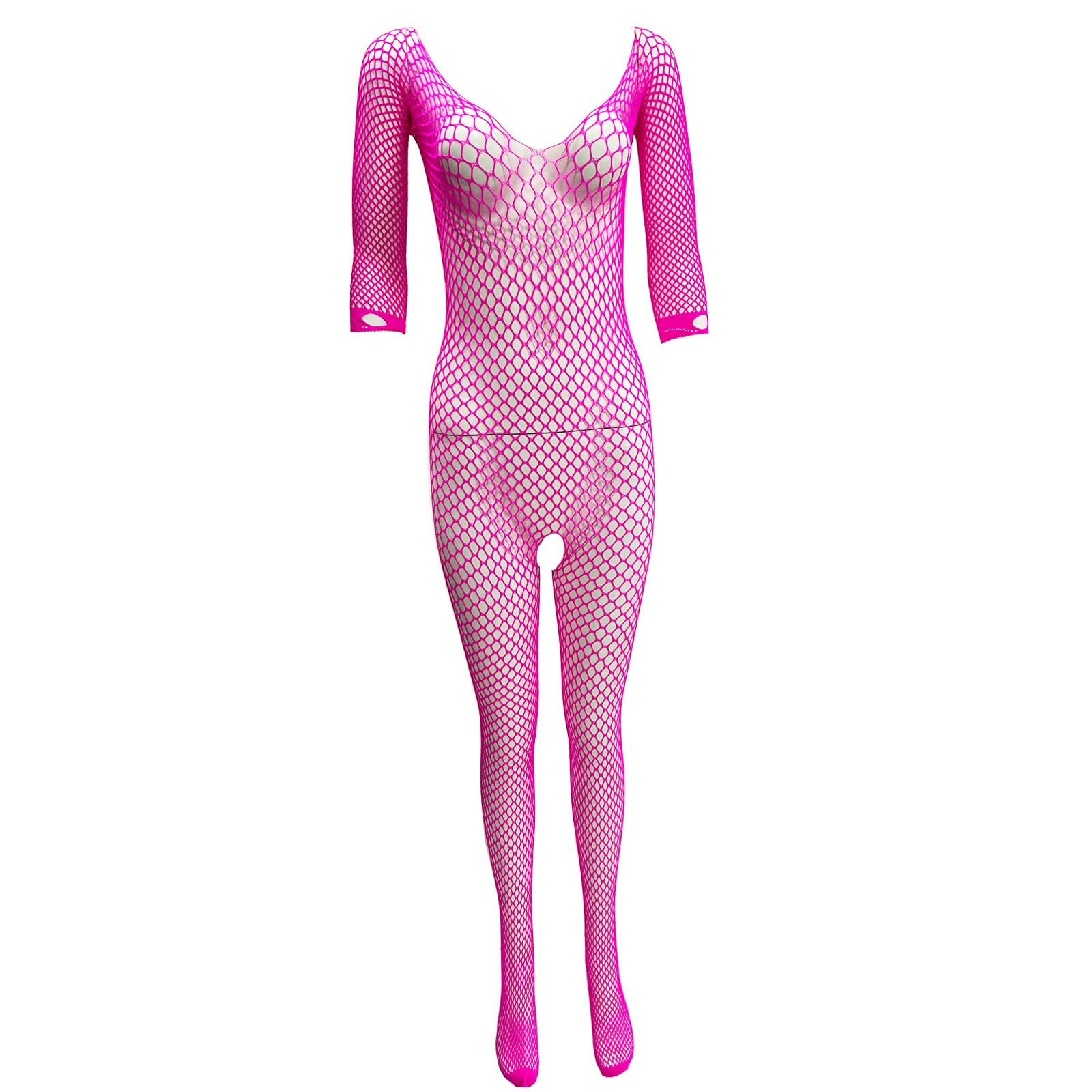 DRHOM Women's Body Open Bodystocking Catsuit Net Transparent Full Body Suit Jumpsuit with Fishnet Tights Open Crotch, pink-red, One size
