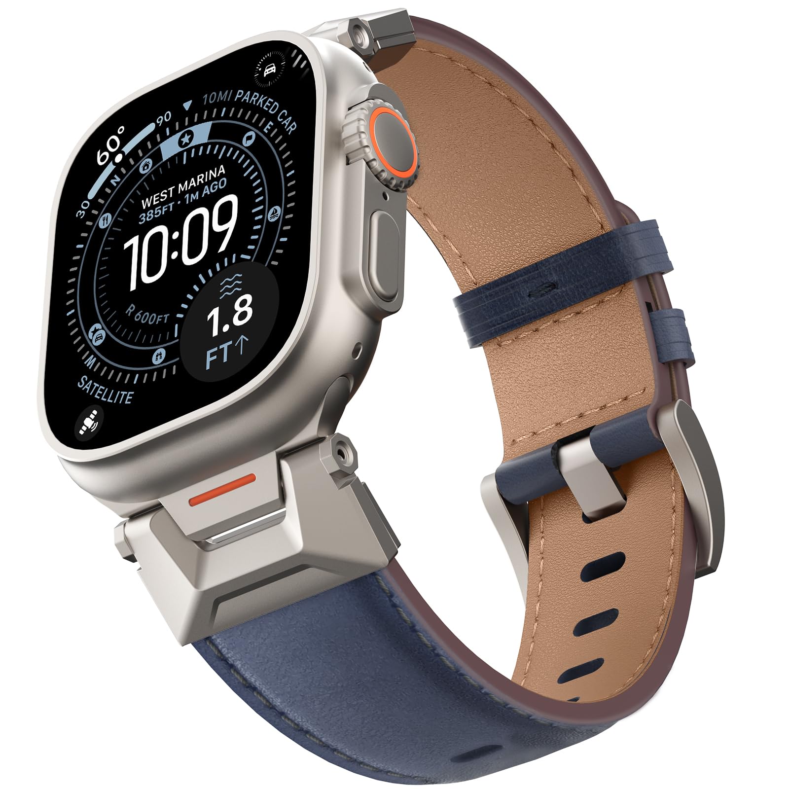 Bouixel Genuine Leather Strap Compatible for Apple Watch Ultra 3 Straps 49mm 46mm 45mm 44mm 42mm,Men Rugged Band with Metal Connector for iWatch Ultra Series 11 10 9 8 7 6 5 4 3 2 1 SE