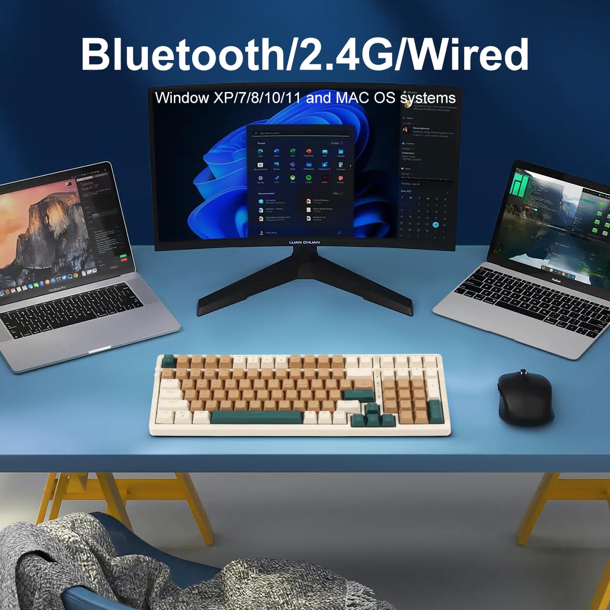 Wireless Mechanical Keyboard, Triple Mode 2.4G/USB-C/BT Gaming Keyboards 100 Keys RGB Backlit, Blue Switch Keyboard | Rechargeable Mechanical Gaming Keyboards | Brown Combo
