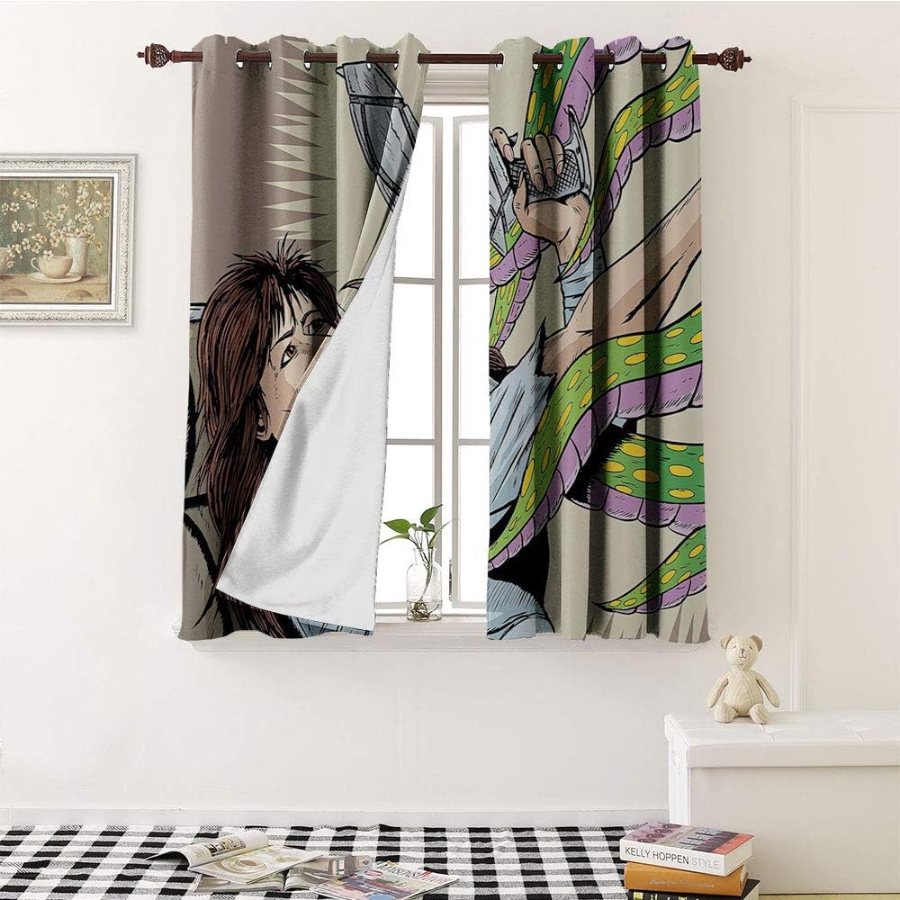 SOSO-LALEO Outer Space Decor Grommet Curtain Backdrop, Alien Attacks Terrified Uniform Woman Human Against Monster Sci Fi Discovery, Customized Curtains (W55 x L63 Inch ，Multi)