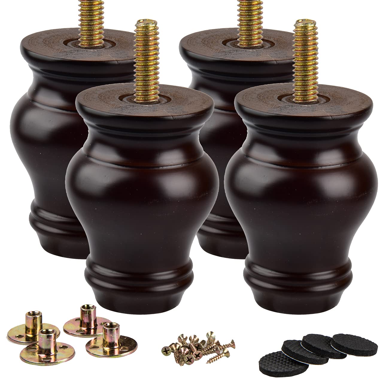 La Vane 4 inch / 10cm Wooden Furniture Legs, 4PCS Dark Walnut Soild Wood Spindle M8 Replacement Bun Feet with Pre-Drilled 5/16 Inch Bolt & Mounting Plate & Screws for Sofa Cabinet Ottoman Chair