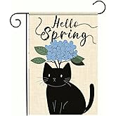BlissYard Hello Spring Garden Flag 12x18 Inch Double Sided Black Cat Floral Yard Flag Spring Outdoor Decor for Porch Patio Lawn Welcome Garden Flag Seasonal Hydrangea Flower Yard Decoration
