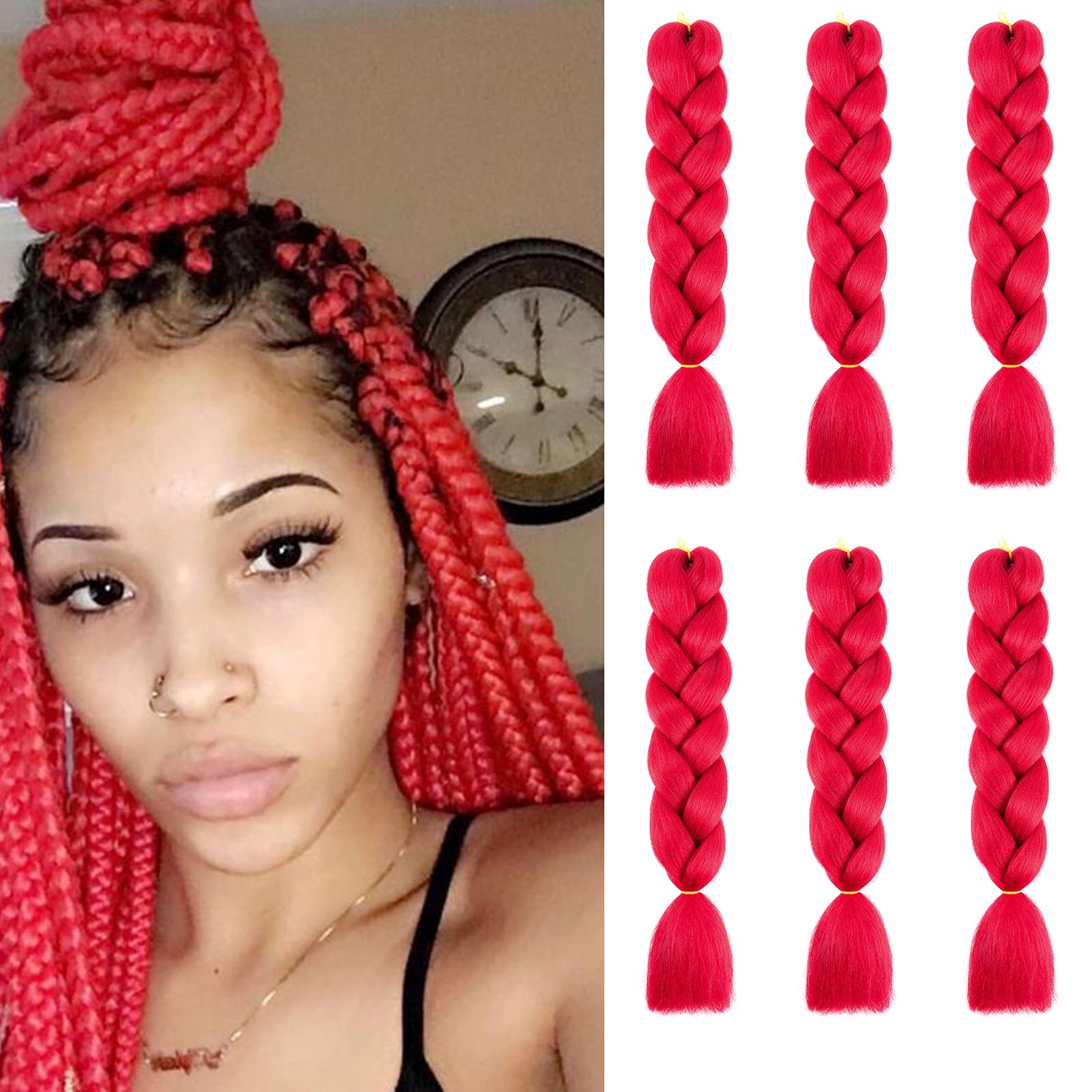 Cybelleza 6 Pcs /600g 24" Braiding Hair Extensions Jumbo Braids Synthetic Crochet Hair Afro Box Braid Heat Resistent (Red)