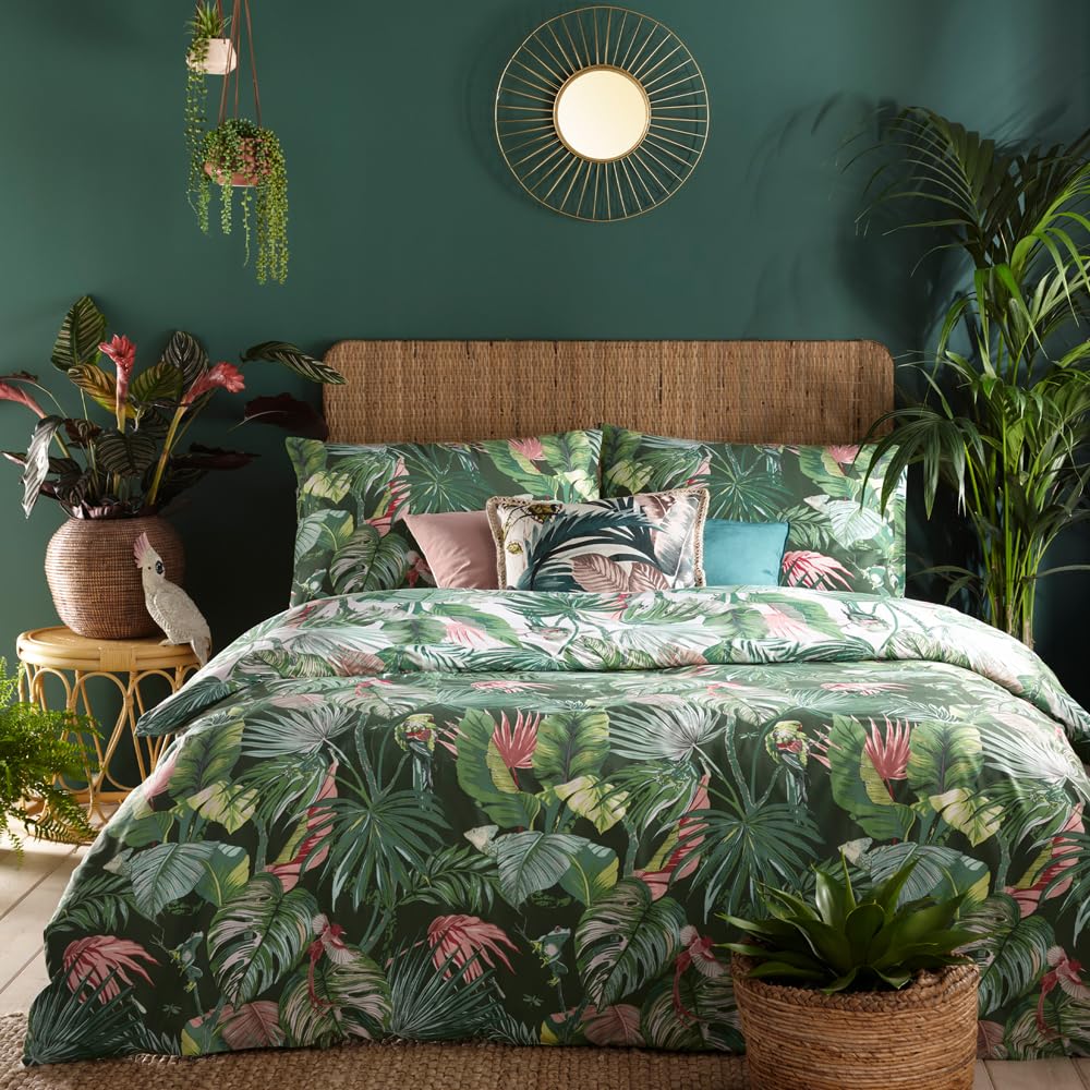 furn. Amazonia Rainforest Reversible Duvet Cover Set – Tropical Jungle Print with Wildlife & Botanicals (Single, Jade Green)