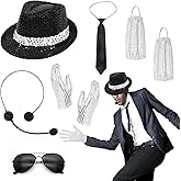 8 Pcs Pop Star Costume, 80s Dancer Rocker Star Cosplay Fancy Dress Accessories with Jazz Sequin Hat Glove Sock Tie Sunglasses Head Microphone, King of Pop for Adults Carnival 80 Theme Party Halloween