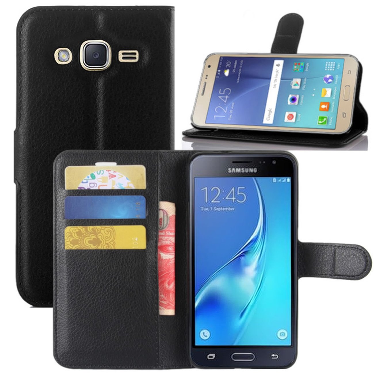 HualuBro Samsung Galaxy J3 2016 Case, Premium PU Leather Wallet Flip Phone Protective Cases Covers with Card Slots for Samsung Galaxy J3 2016 / J3 2015 / J310 Smartphone (Black)