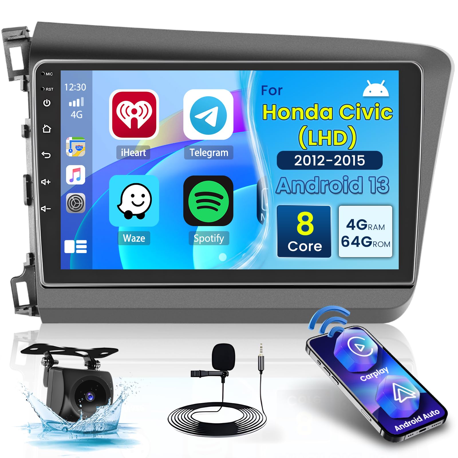 Photo 1 of Roinvou 8 Cores 4+64G Android Radio Upgrade for Honda Civic 2012-2015, 9'' HD Touchscreen with Wireless CarPlay Android Auto GPS Navigation WiFi Backup Camera Mirror Link Bluetooth Mic RDS