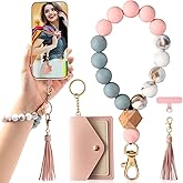 Phone Wrist Strap Silicone Beaded Cell Phone Lanyard with Tether Tab Tassel Wallet Wristlet Keychain for Women Credit Card Holder Keychains Silicone Key Ring Wristlet for Car Keys ID Badges(Pink)