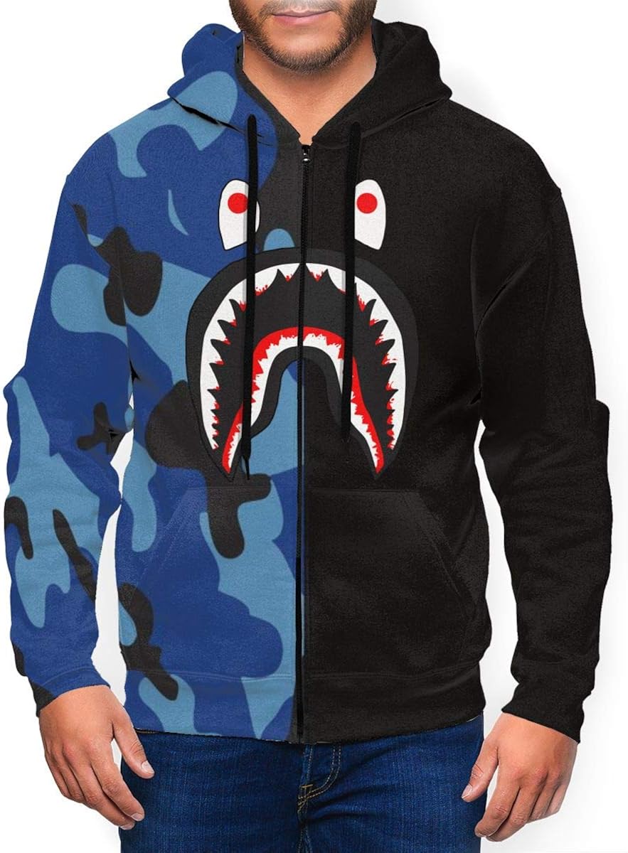 Blood Shark Men's 3D Print Zip Up Hoodie Casual Pullover Hooded Sweashirt Jacket Pockets