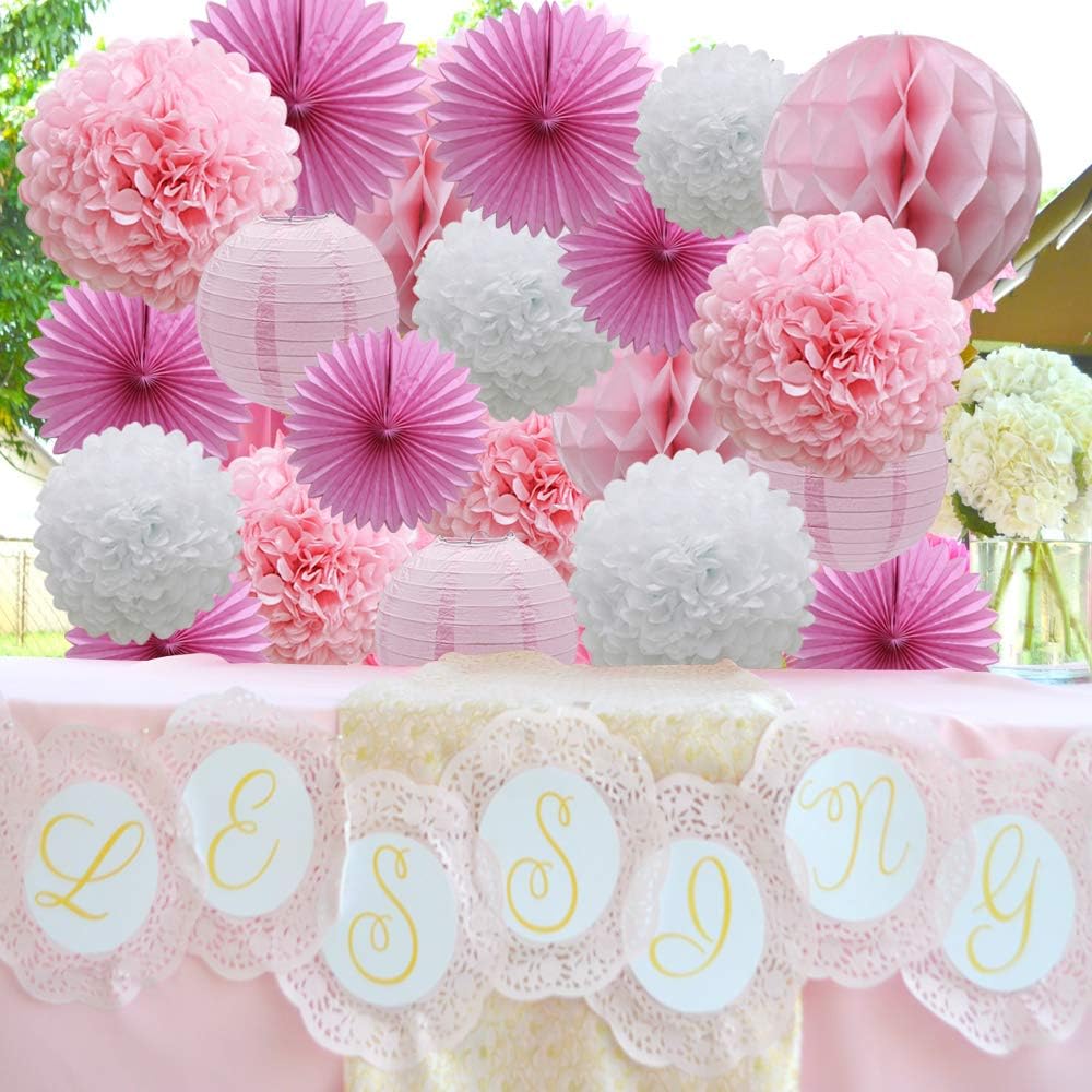 16pcs Pink Party Decorations Paper Pom Poms Honeycomb Balls Lanterns Tissue Fans for Birthday Wedding Baby Shower Graduation Valentine Party Supplies: Arts, Crafts & Sewing