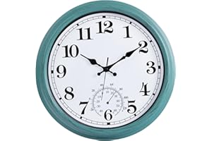 QWARVEL 16 Inch Large Outdoor Clock, Retro Waterproof Indoor/Outdoor Clock Non-Ticking Clock with Thermometer, Battery Operated Wall Clock for Patio, Garden, Pool - Green