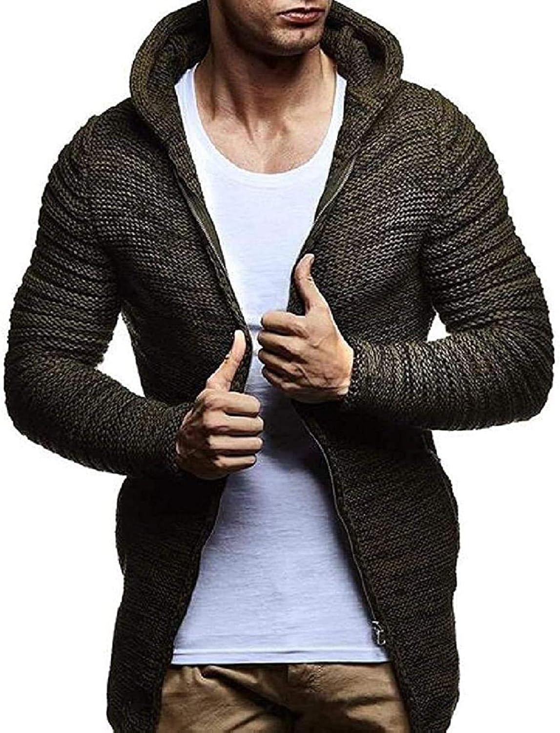 Mens Cardigan Sweater Lace Up Hooded Knit Cardigan Sweater Coat Jacket