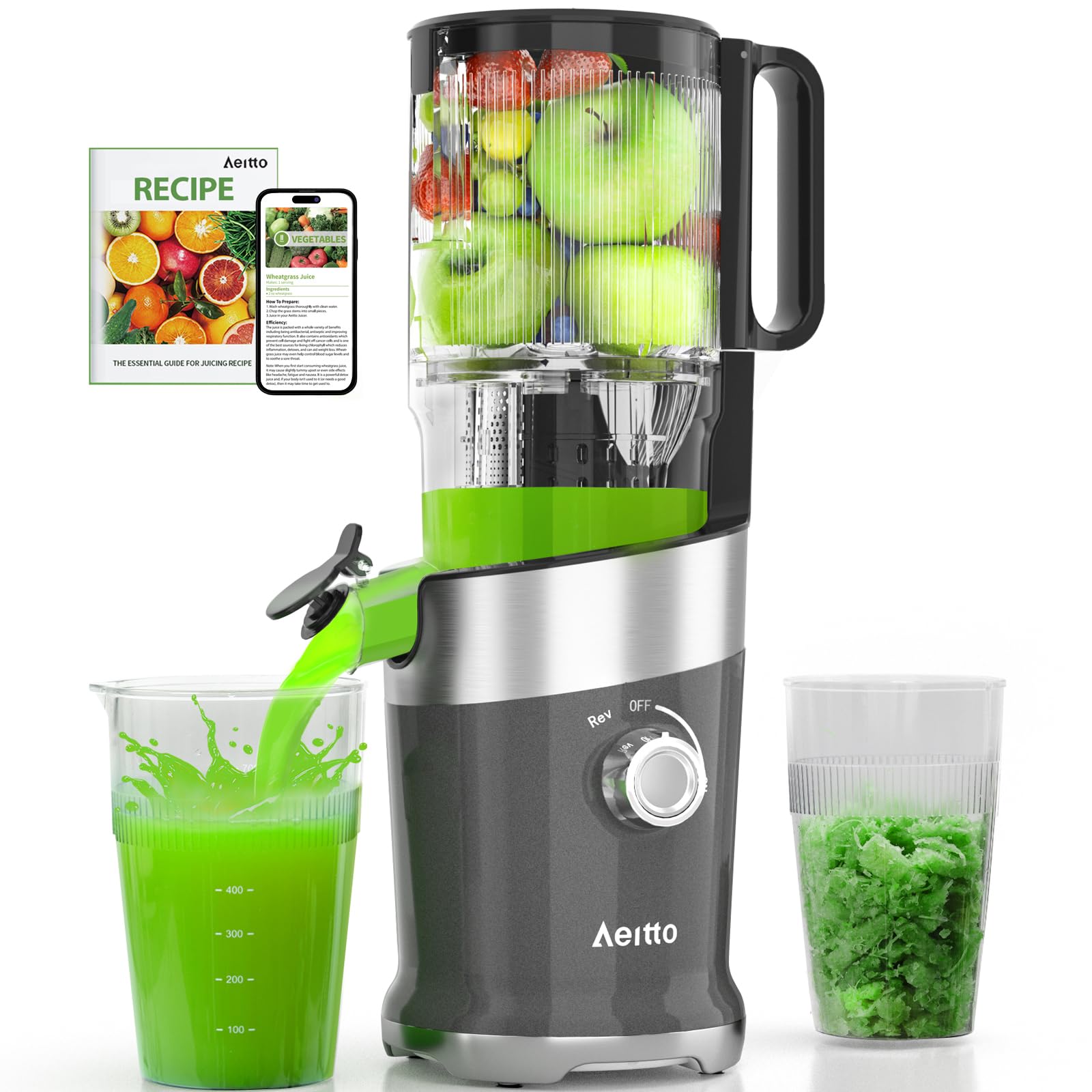 Photo 1 of Aeitto Juicer Machines Fits Whole Fruits, Cold Press Juicer with Wide Feed Chute, Masticating Juice Extractor Machine Easy to Clean, High Juice Yield, Easy to Assemble, Self Feeding