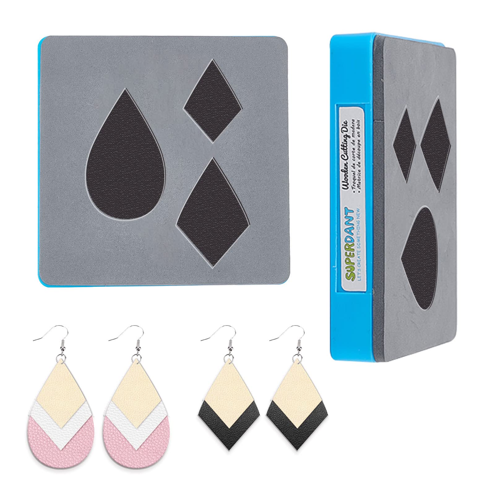 SUPERDANT Leather Cutting Die Layered Earring Wooden Dies Water Drop Diamond Shape Cutting machine Leather Jewelry Die Cutter machine with Plastic Protective Box and EVA Foam for DIY Craft 10x10cm