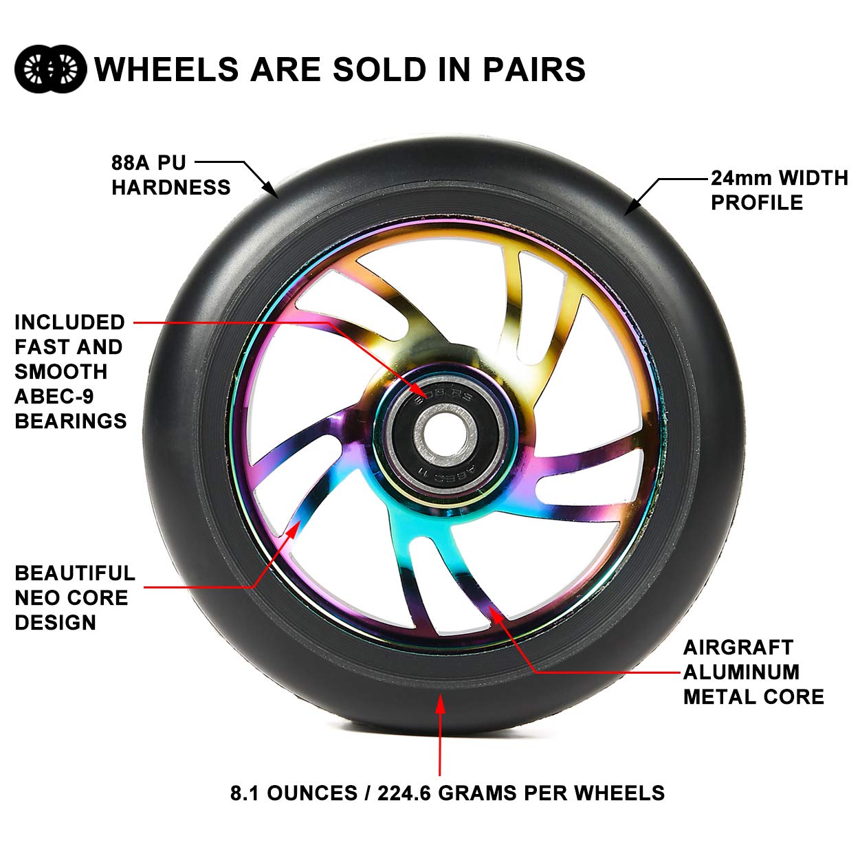Neo 110mm Pro Scooter Wheels - Pair of 2pcs with ABEC-9 Bearings - Smooth Ride