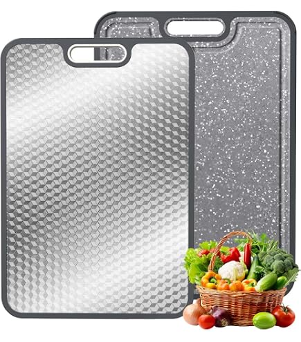 Planche à découper en acier inoxydable 304 pour cuisine, planche à découper double face avec rainure de dérivation, râpe, paille de blé de qualité alimentaire, antidérapant, facile à nettoyer