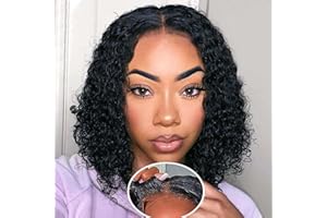 FRONBANIS Glueless Wigs Human Hair Pre Plucked Pre Cut Wear and Go Glueless Wig for Beginners Bob Wig Human Hair 180% Density Deep Wave Curly Lace Front Wig 12 Inches Natural Black