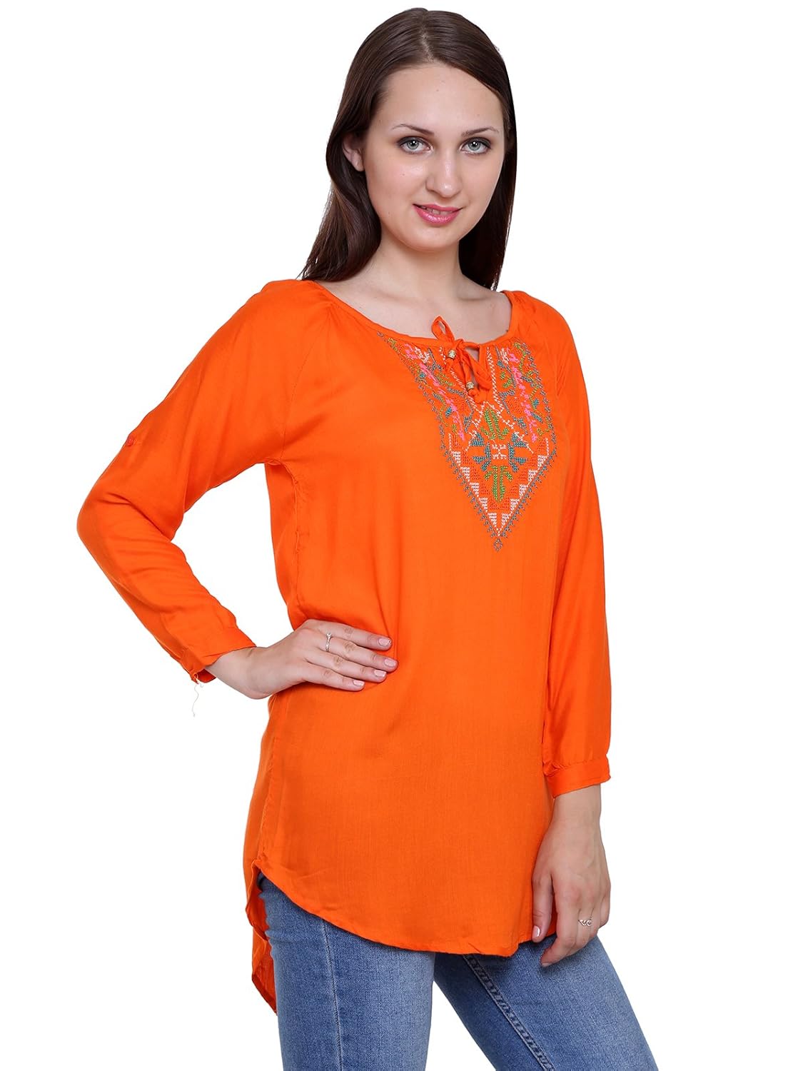 papsara orange rayon slub women's long top