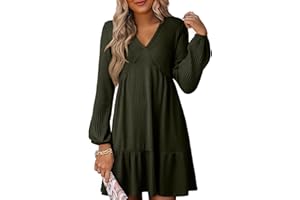 Dokotoo Fall Dresses for Women 2025 Long Sleeve V Neck Lightweight Ribbed Knit Empire Waist Casual A Line Swing Mini Dress