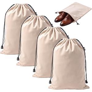 Lyqab Travel Shoe Bags, 4 Pack Large Flannel Drawstring Bags (Camel Beige) | Soft Flannel fabric, 17.7 x 13.8 in, Fits up to