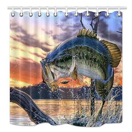 Hnmq Fishing Shower Curtain Bass Fish With Hook Out Of Ocean At