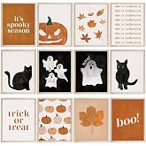 JarThenaAMCS 12Pcs Halloween Wall Art Prints Boho Pumpkin Ghost Black Cat Art Poster Fall Black Orange Wall Decor for Autumn Gallery Living Room Bedroom (UNFRAMED 8 x 10 Inch)