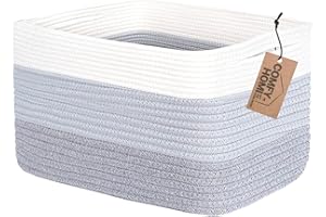 COMFY-HOMI Cotton Rope Woven Basket With Handles for Shelves, Toy, Book, Cloth Storage Basket for Organizing|NEW 13.5" x 11" x 9.5" Decorative Nursery Cube Bin for Living Room（White/3-Tone Grey）