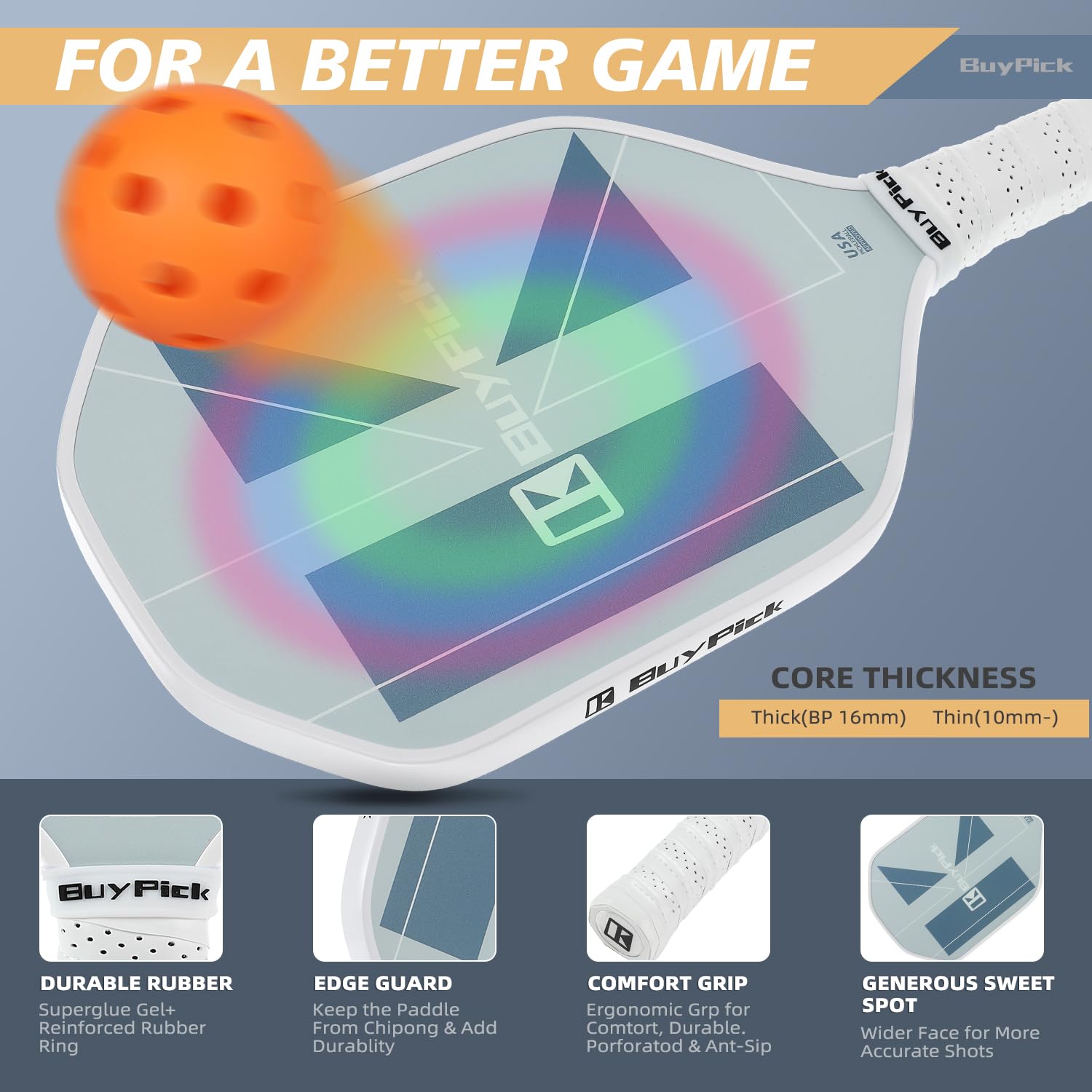 Pickleball Paddle, Carbon Fiber Surface with Reinforced 16mm Polypropylene Honeycomb Core, Perforated Grip, USA Pickleball Approved,2 Pickleball Paddle with 4 PE Balls& 1 Bag