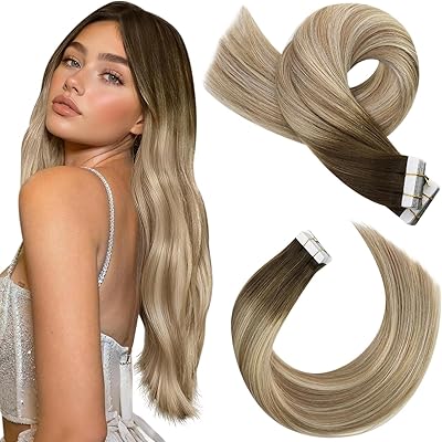 Moresoo Echthaar Extensions Tape 50 cm Remy Haarextension Tape in Extensions Echthaar Dunkelbraun bis Hellbraun mit Blond Ombre Unsichtbare 20 Stück/50g Für täglichen Gebrauch #3/8/22