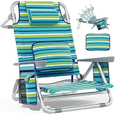 BTZHRI Low Beach Chair with Lumbar Pillow and 7 Pockets for Adults and Kids | Lumbar Support, Low profile design, Extra-wide Seat, Headrest, 5-Position Reclining, Lay Flat, 7 Storage Pockets,Cooler Pouch