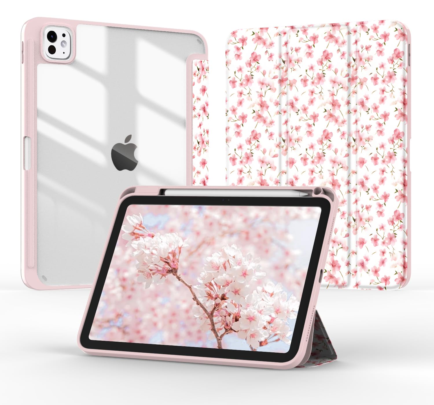 Photo 1 of Jarviwiin Case for iPad Pro 11-inch (M4) 5th Generation 2024,Slim Tri-Fold Smart Folio Auto Wake/Sleep with Clear Back/Pencil Holder Cover for iPad Pro 11" 5 Gen (Floral Pink)