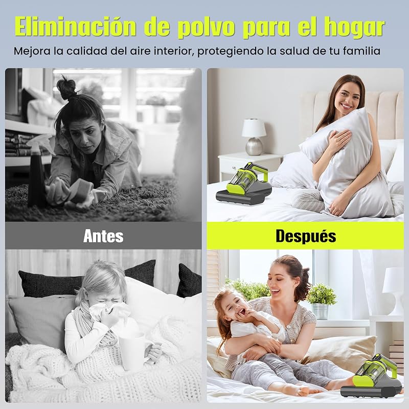 HYCHIKA Aspirador Anti-ácaro para Colchões - Aspirador de 16 kPa, ultrassónico, Aspirador para alérgicos, Duplo Tornado, Elimina 99,9%, Ar Quente a 60° para Camas, sofás, tapetes