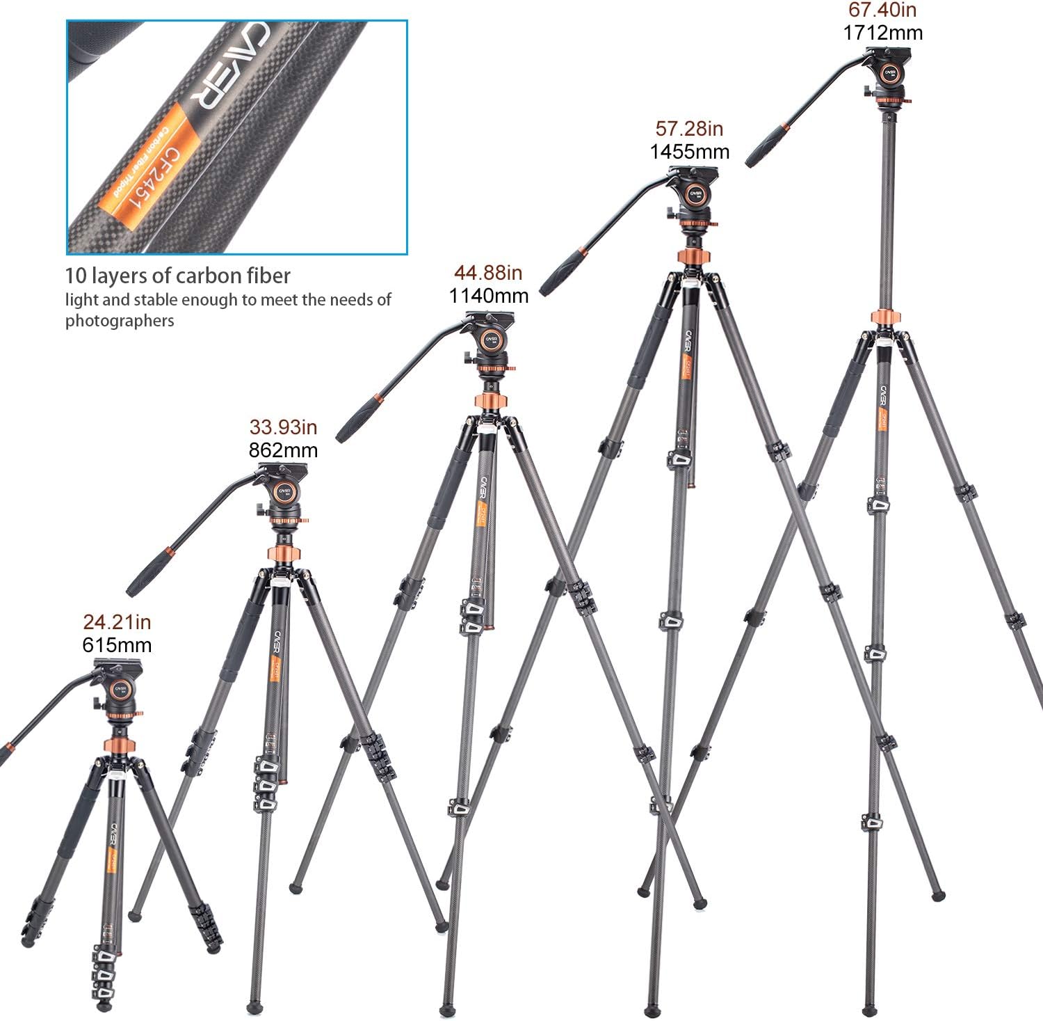 Cayer CF2451 Video Tripod 67 inches Carbon Fiber Tripod Leg with Fluid Drag Head, 4-Section Compact DSLR Tripod Convertible to Monopod for DSLR Camera, Video Camcorder : Camera & Photo